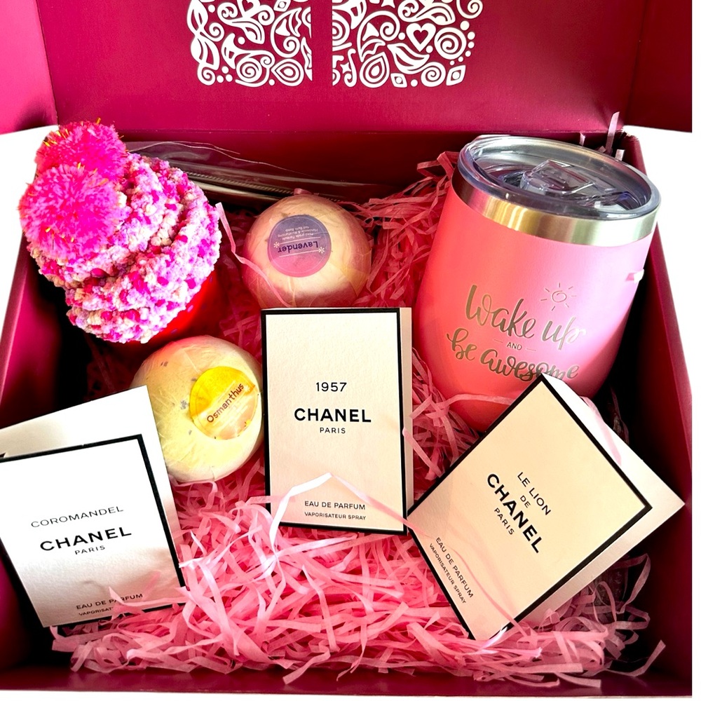 Chanel Les Exclusifs perfume samples plus care package gift , socks, bath bombs